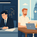日本とイギリスの働き方を比較するイラスト。左側に夜のオフィスで残業する日本のビジネスパーソン、右側に昼間にリモート勤務するイギリスの男女が描かれている。
