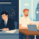 日本とイギリスの働き方を比較するイラスト。左側に夜のオフィスで残業する日本のビジネスパーソン、右側に昼間にリモート勤務するイギリスの男女が描かれている。