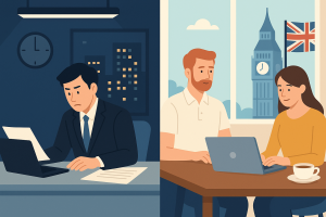 日本とイギリスの働き方を比較するイラスト。左側に夜のオフィスで残業する日本のビジネスパーソン、右側に昼間にリモート勤務するイギリスの男女が描かれている。