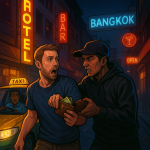 バンコクの夜の通りで英国人旅行者が強盗に襲われる様子を描いたイラスト。ネオン看板の下で観光客が財布を奪われ、タクシー運転手が驚く場面。