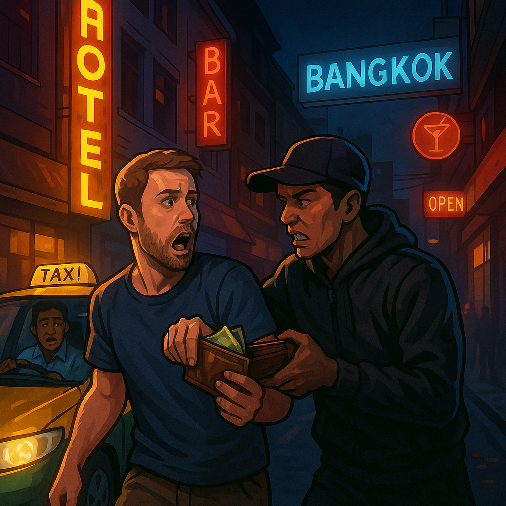 バンコクの夜の通りで英国人旅行者が強盗に襲われる様子を描いたイラスト。ネオン看板の下で観光客が財布を奪われ、タクシー運転手が驚く場面。