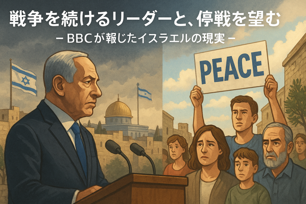 イスラエルの街並みを背景に、戦争継続を主張する政治家と停戦を求める市民の対比を描いたBBC報道風のイラスト。