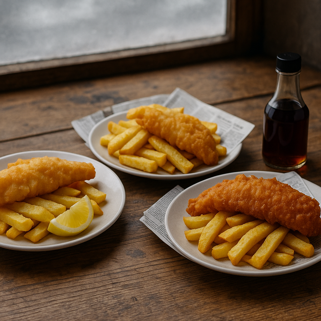 イギリス各地のフィッシュアンドチップスを並べ、衣の色や質感を比較。左はタラの軽い衣、中央はハドックの厚め衣、右は牛脂で揚げた濃い黄金色の衣。地域ごとの違いが一目でわかる。