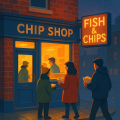 英国の街角にあるクラシックなチップショップ。ネオンのFish & Chipsサインが灯り、新聞紙に包まれたテイクアウェイを手にした人が立ち去る。赤レンガの建物と濡れた石畳が英国の雰囲気を伝える。
