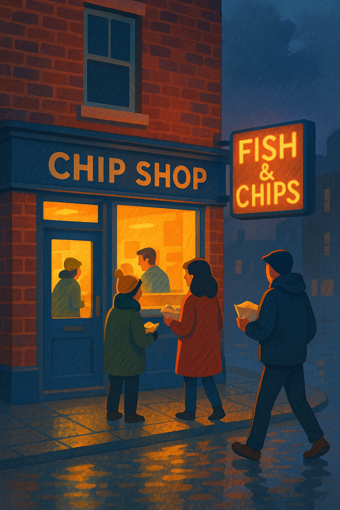 英国の街角にあるクラシックなチップショップ。ネオンのFish & Chipsサインが灯り、新聞紙に包まれたテイクアウェイを手にした人が立ち去る。赤レンガの建物と濡れた石畳が英国の雰囲気を伝える。