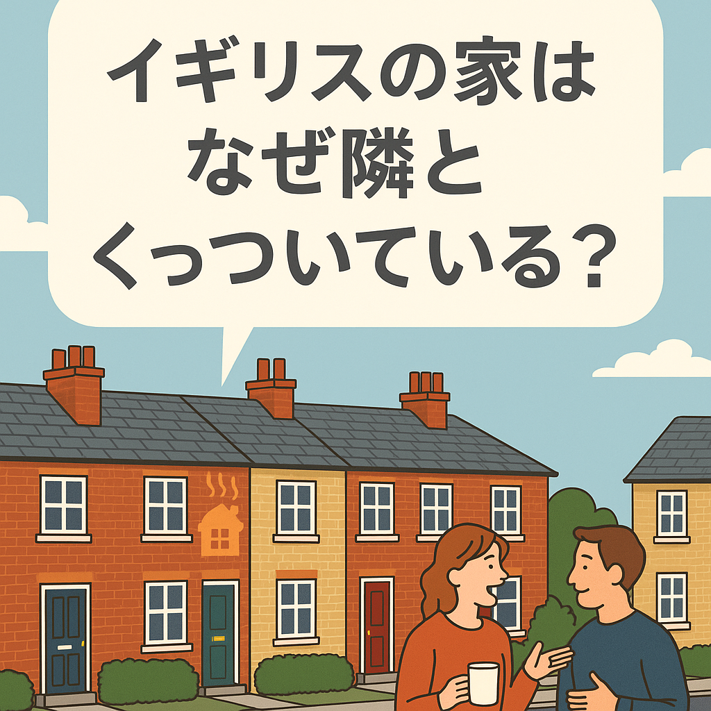 イギリスの住宅街のイラスト。レンガ造りのテラスハウスが隣同士でくっついて並び、前で住民が会話している様子