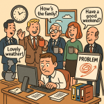 イギリスのオフィスで社員たちが紅茶を片手に世間話をしている中、1人だけ困惑した顔でパソコンに向かう男性。壁のホワイトボードには“PROBLEM”と書かれている風刺的イラスト。