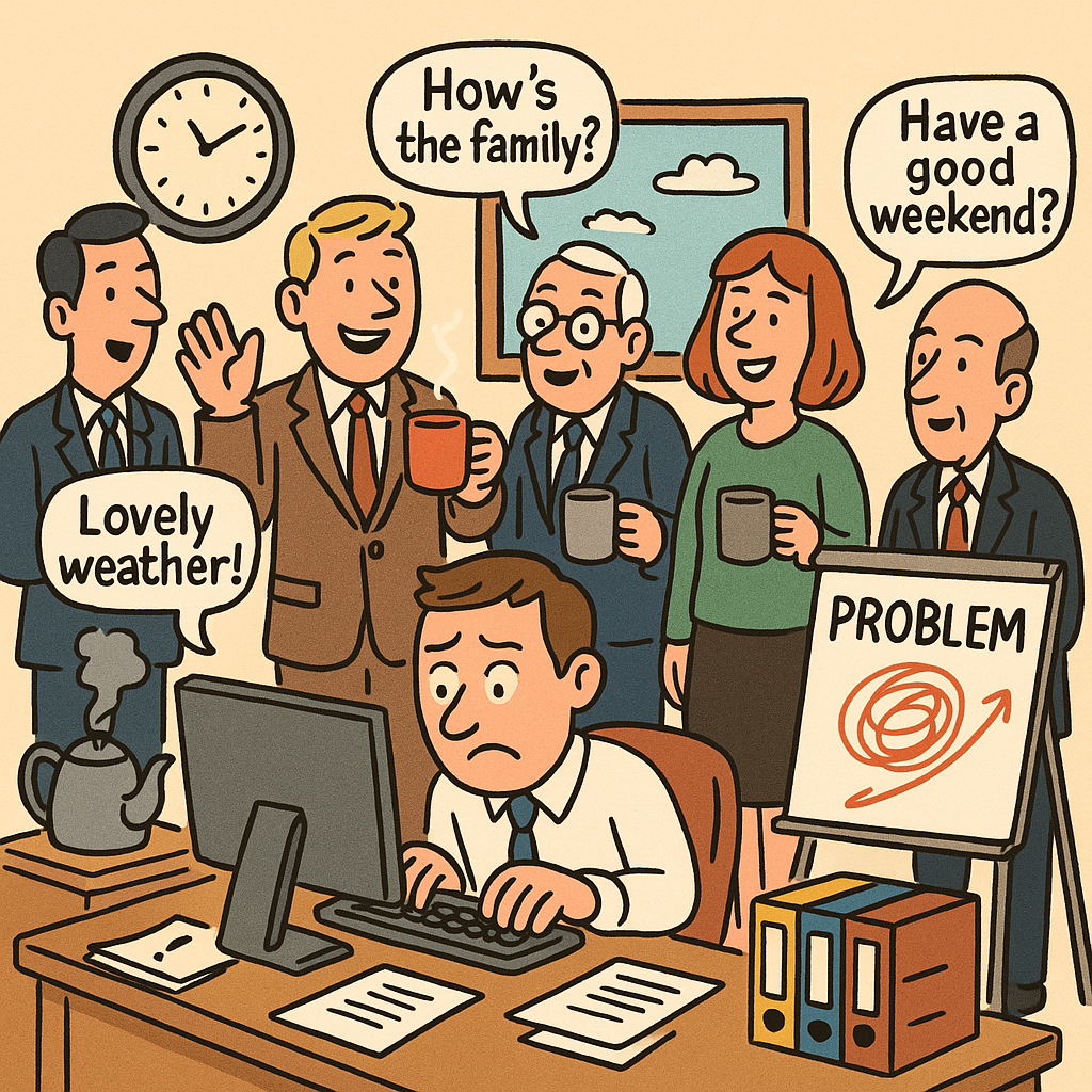 イギリスのオフィスで社員たちが紅茶を片手に世間話をしている中、1人だけ困惑した顔でパソコンに向かう男性。壁のホワイトボードには“PROBLEM”と書かれている風刺的イラスト。