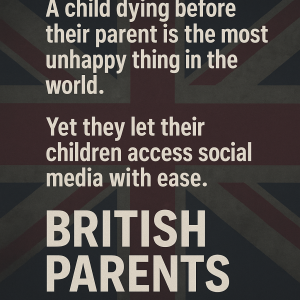 英国国旗を背景に、「子どもが親より先に死ぬことは世界で最も不幸なことだ。それなのに親たちは子どもに簡単にSNSアクセスを許している」というメッセージが描かれたアイキャッチ画像。