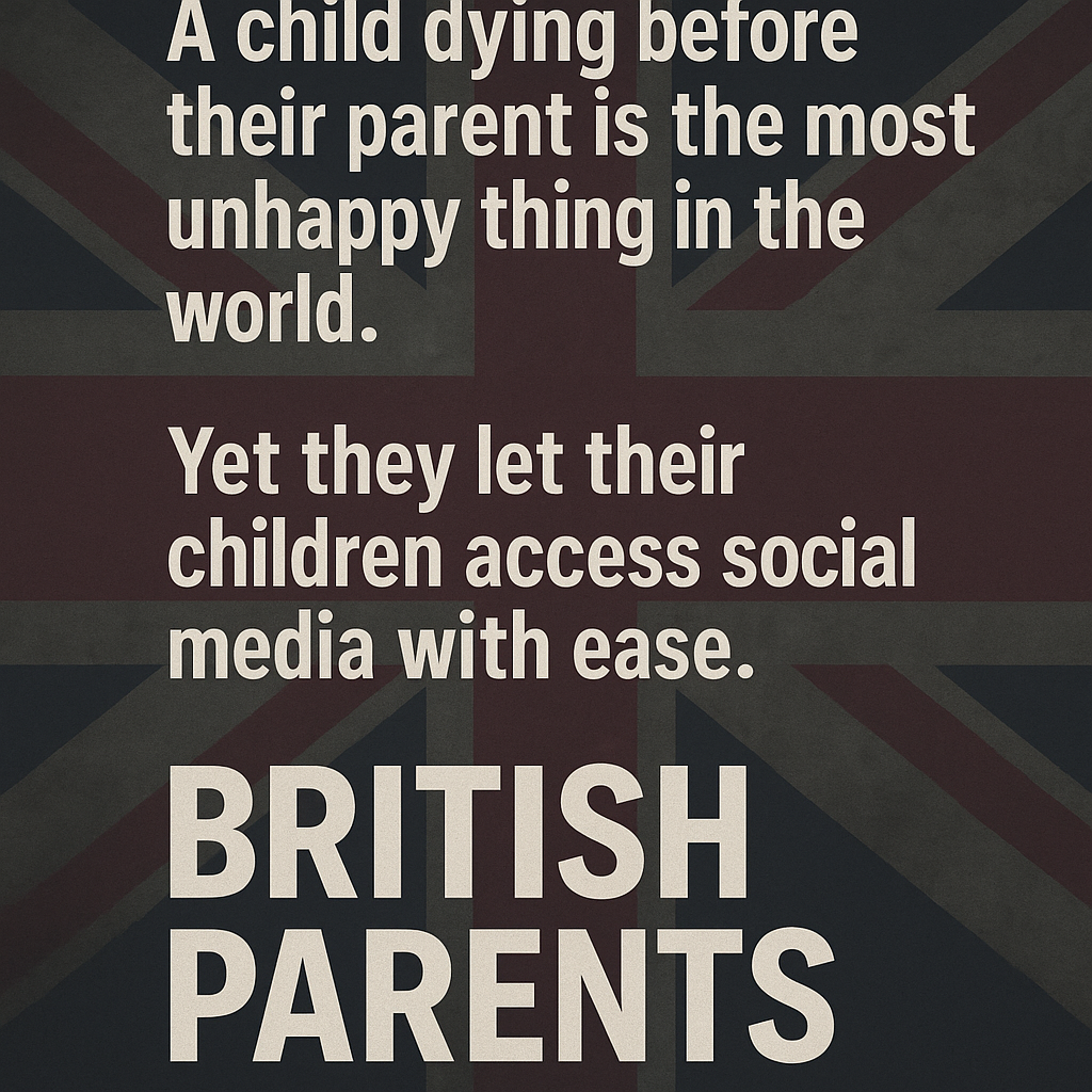 英国国旗を背景に、「子どもが親より先に死ぬことは世界で最も不幸なことだ。それなのに親たちは子どもに簡単にSNSアクセスを許している」というメッセージが描かれたアイキャッチ画像。