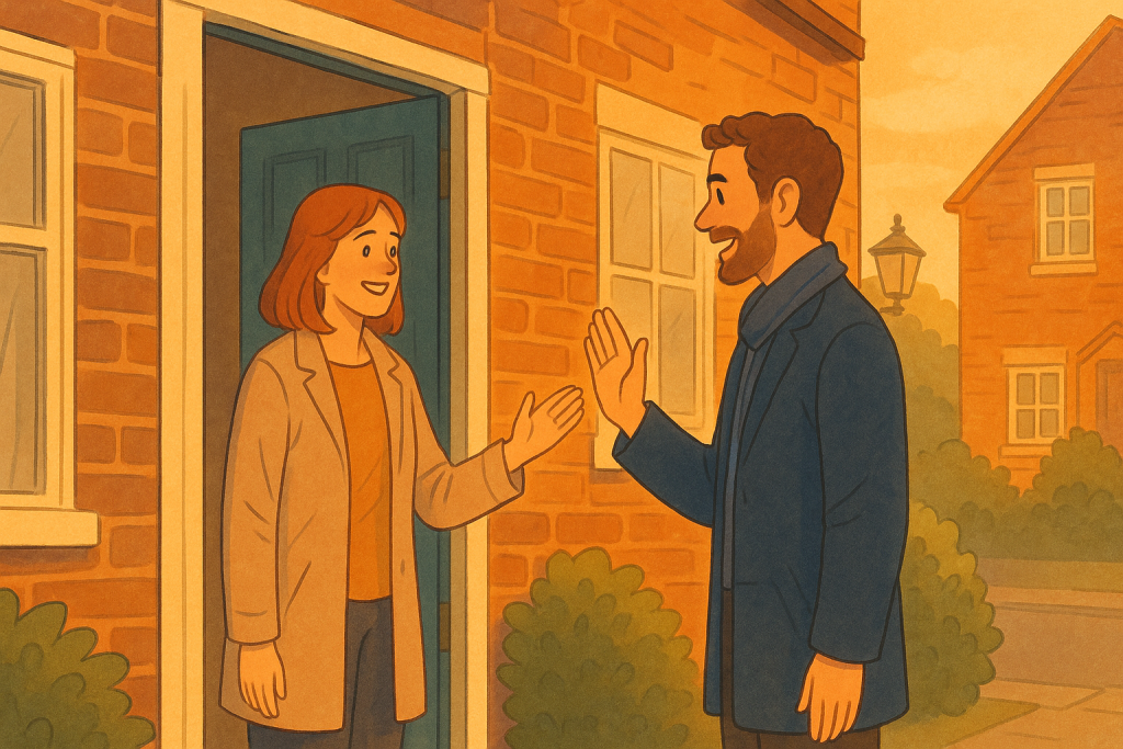 イギリスの住宅街の玄関先で笑顔で別れの挨拶を交わす男女を描いた温かいイラスト