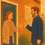 イギリスの住宅街の玄関先で笑顔で別れの挨拶を交わす男女を描いた温かいイラスト