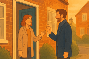 イギリスの住宅街の玄関先で笑顔で別れの挨拶を交わす男女を描いた温かいイラスト