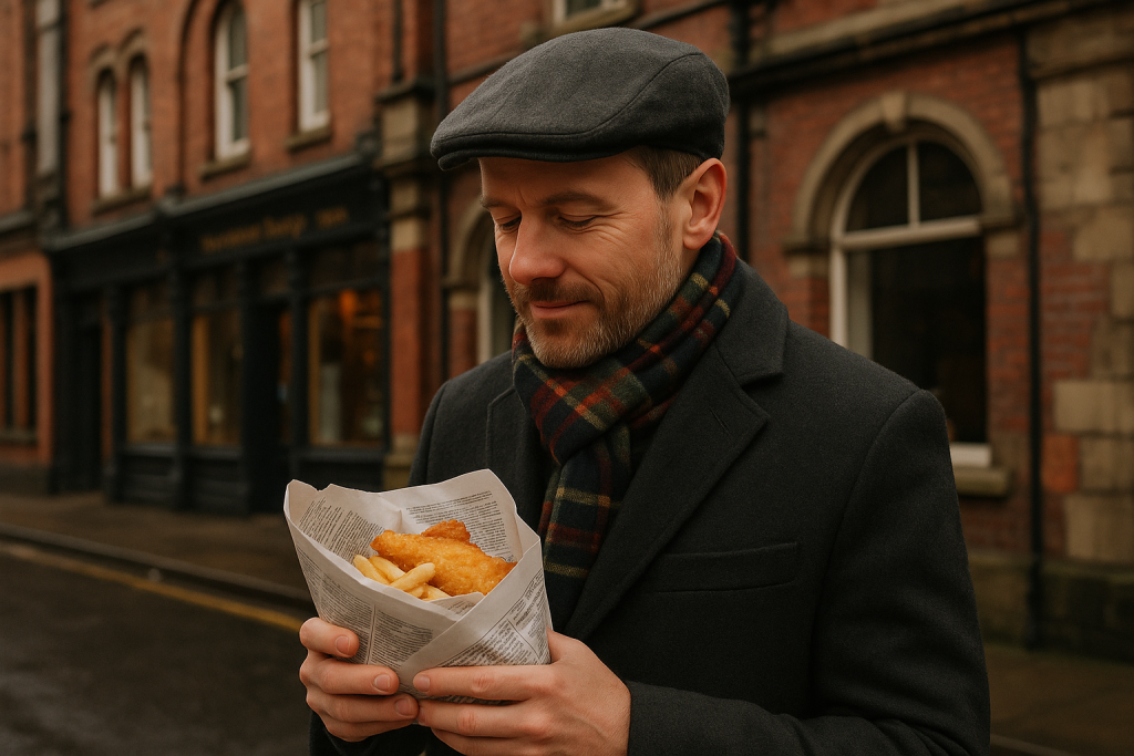 英国の石畳の街角で、新聞紙に包まれたフィッシュアンドチップスを手にする男性。帽子とマフラーを身につけ、曇り空の下で温かいテイクアウェイを楽しむ姿が英国文化を象徴している。