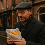 英国の石畳の街角で、新聞紙に包まれたフィッシュアンドチップスを手にする男性。帽子とマフラーを身につけ、曇り空の下で温かいテイクアウェイを楽しむ姿が英国文化を象徴している。