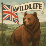 イギリスの森を背景に描かれたヨーロッパヒグマのイラスト。現在の英国には野生のクマは存在せず、自然環境と動物保護の象徴として表現されている。