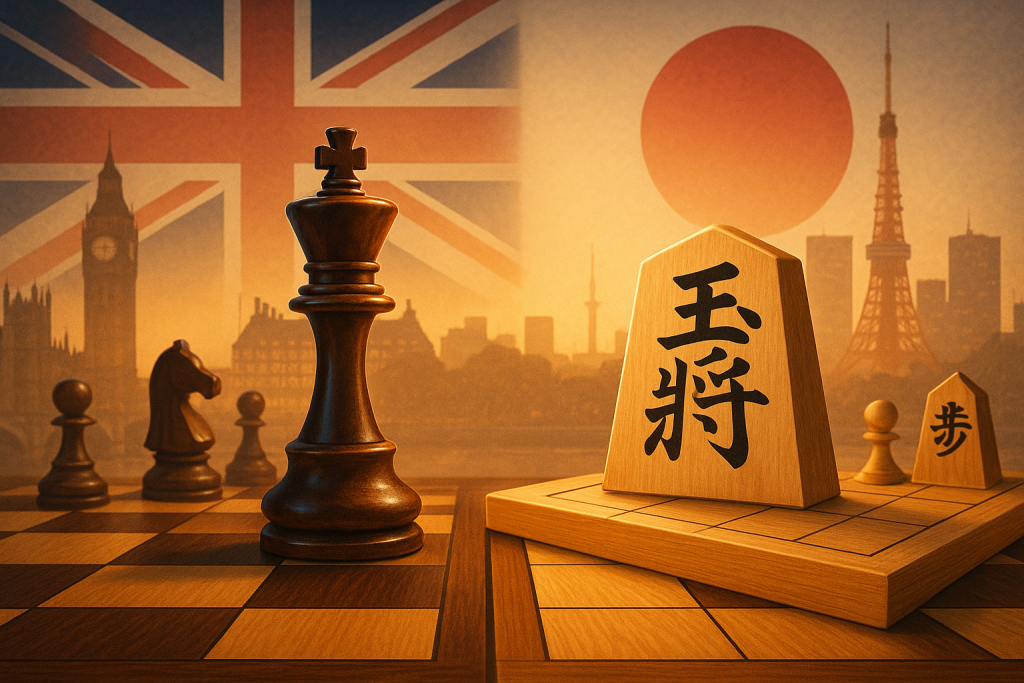 ロンドンと東京を背景に、チェスのキングと将棋の玉将が向かい合うイラスト。イギリスのチェス王者と日本の将棋王者の頭脳対決を象徴している。