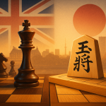 ロンドンと東京を背景に、チェスのキングと将棋の玉将が向かい合うイラスト。イギリスのチェス王者と日本の将棋王者の頭脳対決を象徴している。