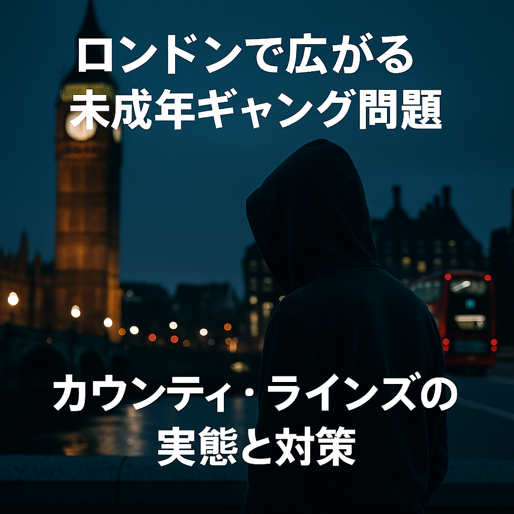ロンドンの夜景を背景にフードをかぶった少年のシルエット。手前に『ロンドンで広がる未成年ギャング問題｜カウンティ・ラインズの実態と対策』という文字が配置されている