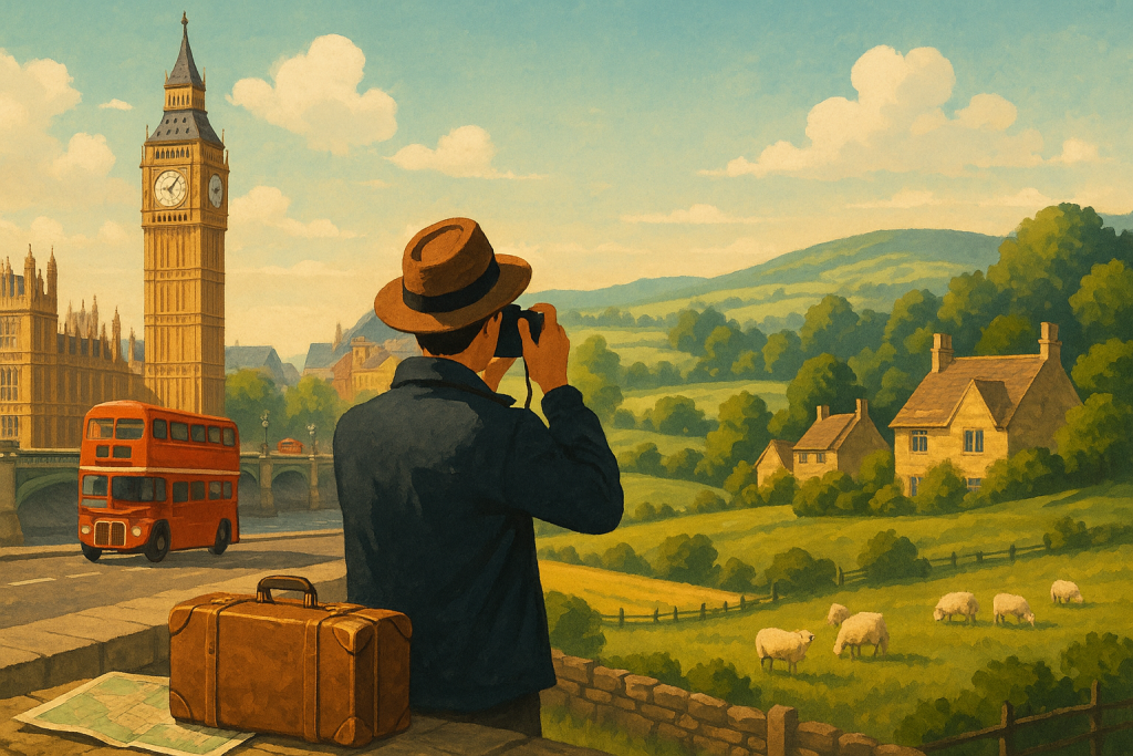 ロンドンのビッグベンと赤い二階建てバス、そしてコッツウォルズの田園風景を望む旅行者のイラスト。イギリス旅行の魅力を象徴する構図。