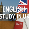 イギリスで英語を学ぶイメージ｜ロンドンのビッグベンと赤い二階建てバス、イギリス国旗、ノートと英語の教科書