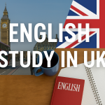 イギリスで英語を学ぶイメージ｜ロンドンのビッグベンと赤い二階建てバス、イギリス国旗、ノートと英語の教科書