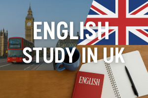 イギリスで英語を学ぶイメージ｜ロンドンのビッグベンと赤い二階建てバス、イギリス国旗、ノートと英語の教科書