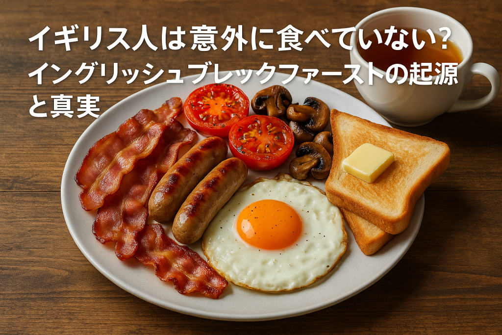 イギリスの伝統的な朝食・イングリッシュブレックファーストの写真。ベーコン、卵、ソーセージ、トースト、トマト、紅茶が木のテーブルに並び、記事タイトル『イギリス人は意外に食べていない？イングリッシュブレックファーストの起源と真実』が白文字で添えられている。