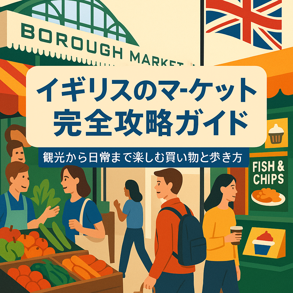 イギリスのマーケット完全攻略ガイドの表紙イラスト。BOROUGH MARKETのゲート、ユニオンジャック、野菜やフード屋台、買い物や食べ歩きを楽しむ人々が描かれている