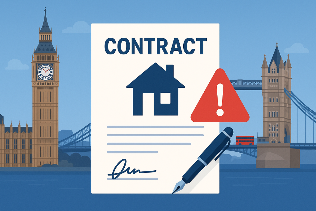 ロンドンの街並みを背景に、家のアイコンと契約書、署名用ペン、注意マークを組み合わせた「現地不動産会社との賃貸契約の注意点」を象徴するイラスト