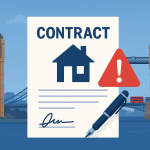 ロンドンの街並みを背景に、家のアイコンと契約書、署名用ペン、注意マークを組み合わせた「現地不動産会社との賃貸契約の注意点」を象徴するイラスト