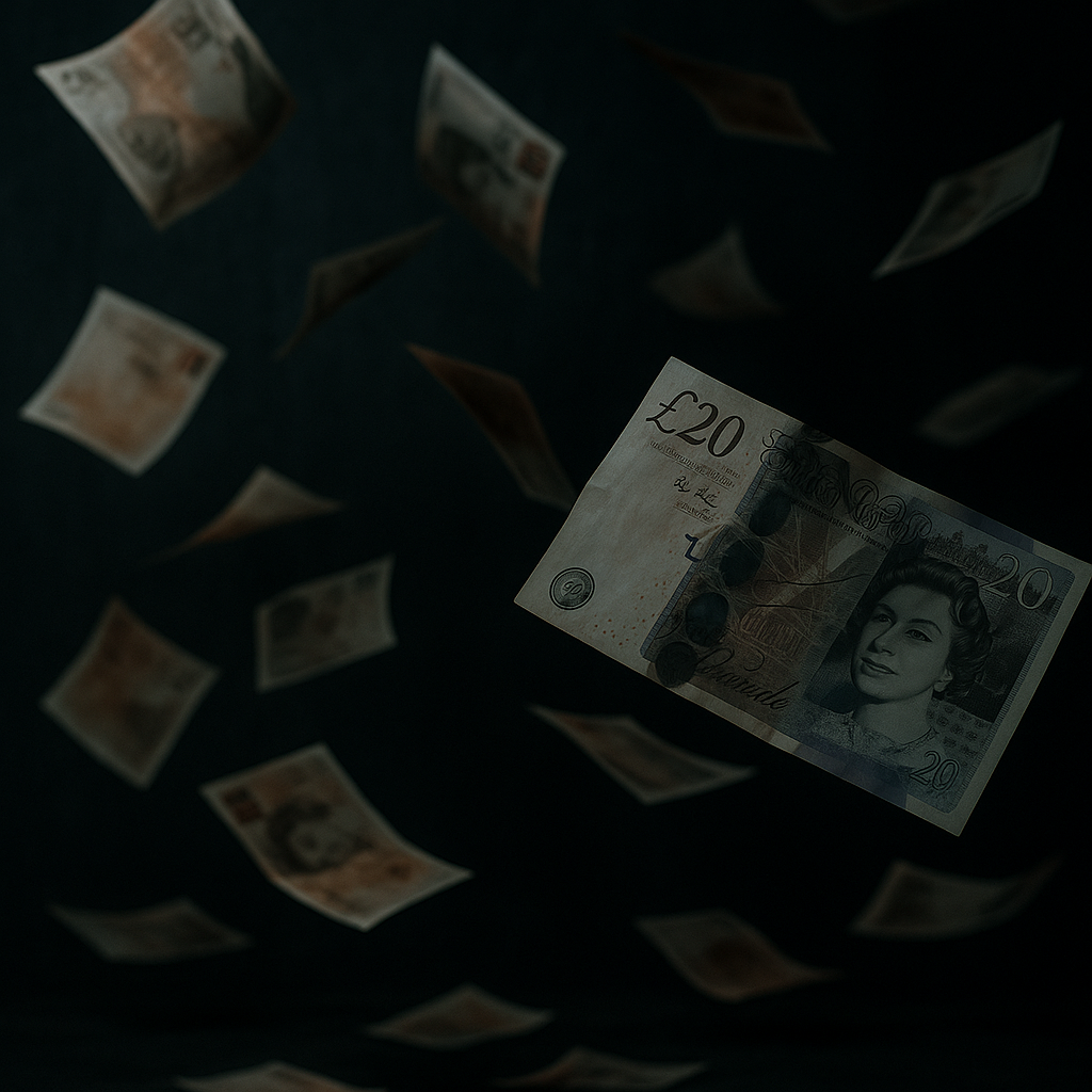 暗闇の中を漂うイギリス紙幣。光と影が交錯し、富の崩壊と虚無を象徴している。