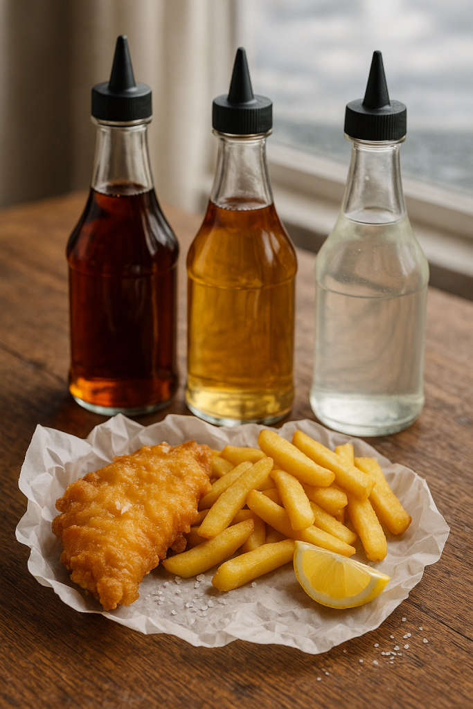 フィッシュアンドチップスの横に並ぶ3種類のビネガーの瓶。左からモルトビネガー、サイダービネガー、ホワイトビネガー。木のテーブルの上に置かれ、英国らしい曇り空の光が差し込む。