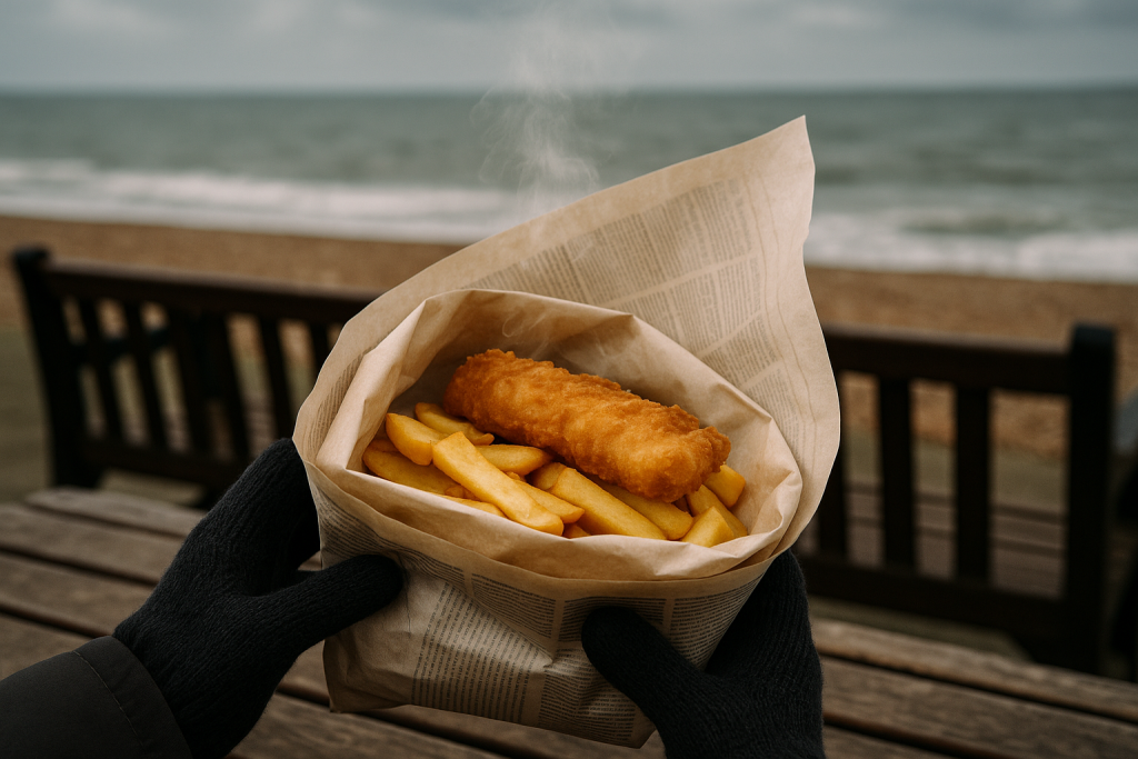 海辺で紙に包まれたフィッシュアンドチップスを持ち帰る様子。新聞紙風の包装を三層に折り重ね、湯気が立つ。冬の海沿いで冷めにくい包み方を再現。
