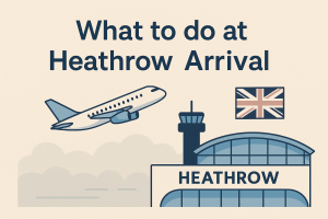 ロンドン・ヒースロー空港に到着した旅行者向けガイドをイメージしたイラスト。飛行機、空港の建物、ユニオンジャックを背景にした情報サイト風デザイン。