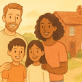 英国の赤レンガの家を背景に笑顔で並ぶ家族のイラスト。多様性を尊重し家族時間を大切にする英国の理想像を表現