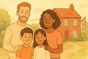 英国の赤レンガの家を背景に笑顔で並ぶ家族のイラスト。多様性を尊重し家族時間を大切にする英国の理想像を表現