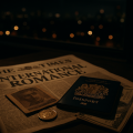 英字新聞と英国パスポート、現金が並ぶテーブル。窓の外には都市の夜景がぼんやりと光り、国際恋愛を象徴するようなシネマ風の情景。