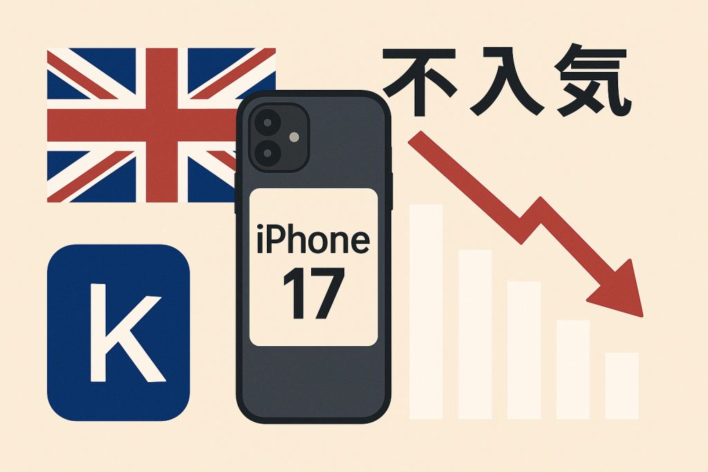 イギリスでiPhone17の人気が低下している様子を表したイラスト。ユニオンジャックとスマートフォン、下降する赤い矢印のグラフを配置。