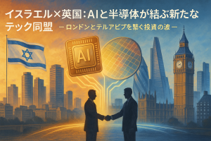 イスラエルとイギリスの都市を背景に、AIチップと半導体を象徴する光が両国をつなぐ報道風イラスト。