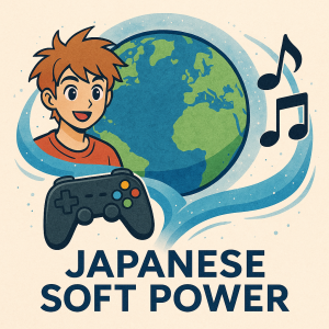地球を背景に、アニメキャラクター、ゲームコントローラー、音符が描かれたイラスト。日本のアニメ・ゲーム・音楽が世界に広がるソフトパワーを象徴。