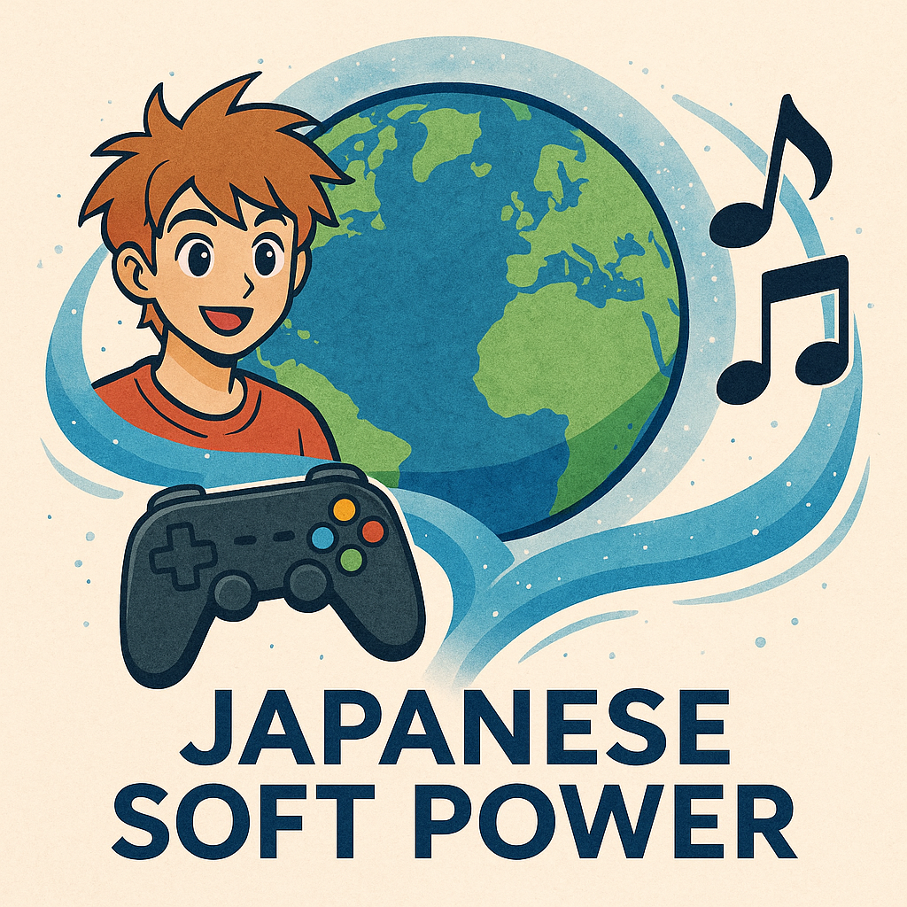 地球を背景に、アニメキャラクター、ゲームコントローラー、音符が描かれたイラスト。日本のアニメ・ゲーム・音楽が世界に広がるソフトパワーを象徴。