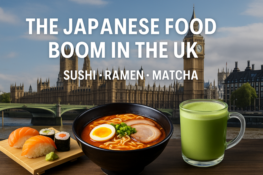 ロンドンのビッグベンを背景に、寿司、ラーメン、抹茶ラテが並ぶ写真。イギリスで広がる日本食ブームを象徴する構図。