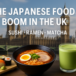 ロンドンのビッグベンを背景に、寿司、ラーメン、抹茶ラテが並ぶ写真。イギリスで広がる日本食ブームを象徴する構図。