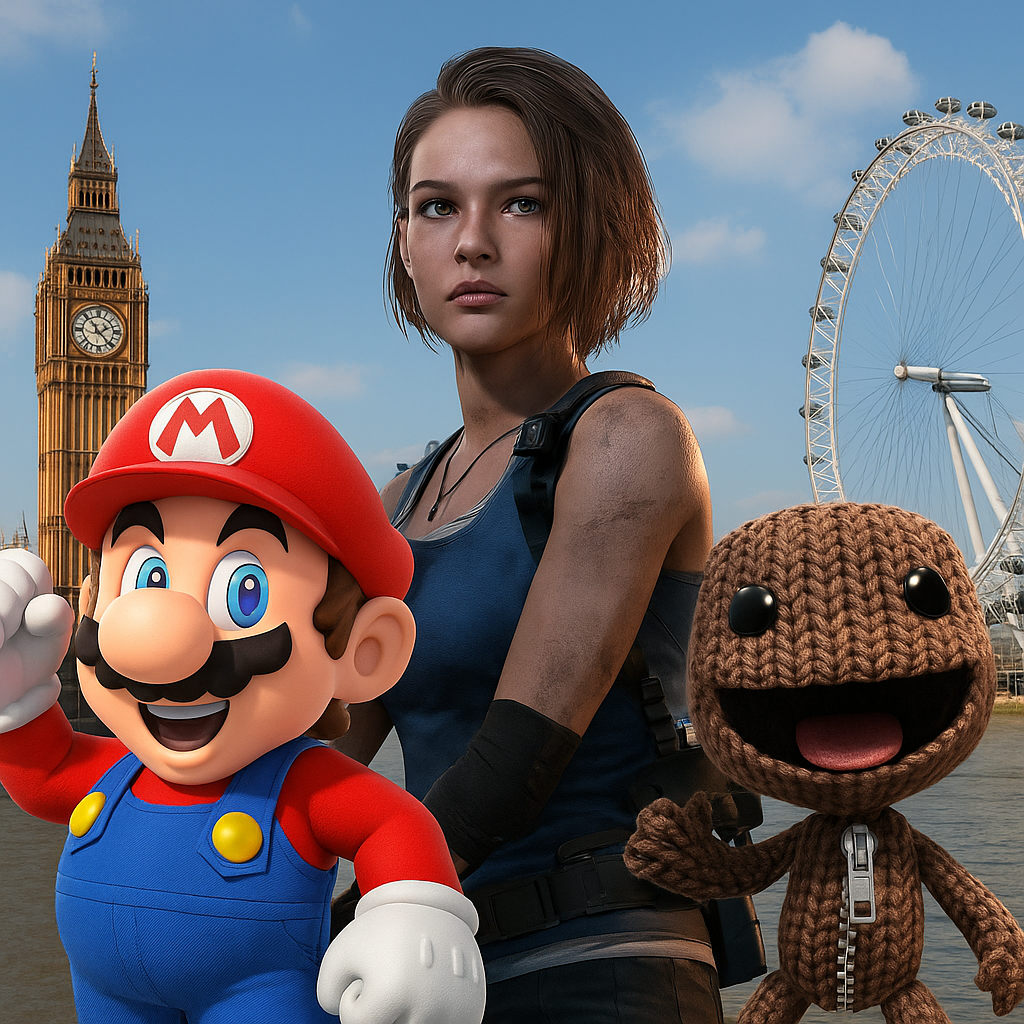 ロンドンのビッグベンとロンドン・アイを背景に、マリオ、ソニーのサックボーイ、カプコン作品のキャラクターが並ぶ。英国における日本ゲームメーカーの存在感を象徴するイメージ。