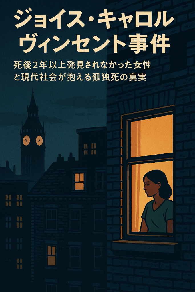 ロンドンの夜、明かりがともる集合住宅の窓辺に佇む女性のイラスト。ジョイス・キャロル・ヴィンセント事件を象徴し、現代社会の孤独死問題を表現している。