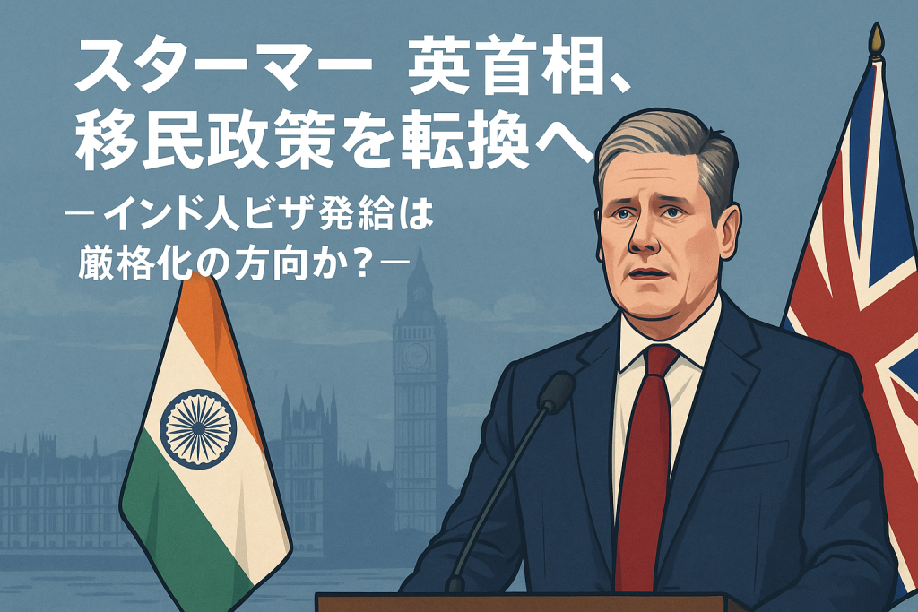 スターマー英首相が演説する様子を描いたイラスト。背後にはイギリス国旗とインド国旗が並び、移民政策とインド人ビザ発給の見直しを象徴している。