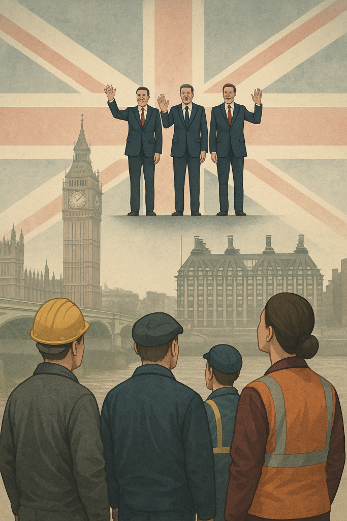 ロンドン国会議事堂の上でスーツ姿の政治家が手を振り、下で労働者が見上げる構図。イギリスのエリート政治と労働者の格差を象徴するイラスト。