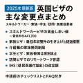 2025年最新版の英国ビザの主な変更点をまとめた日本語のインフォグラフィック。スキルドワーカーの賃金しきい値、家族ビザ要件、介護職の家族帯同制限、学生ビザの家族帯同禁止、訪問ビザでのリモートワーク容認、IHS改定額が箇条書きで示されている。