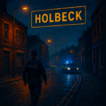 イギリス・リーズのホルベック地区の夜の通りを描いたデジタルイラスト。警察官とパトカーが巡回する暗い街並みに「HOLBECK」の看板が浮かぶ。